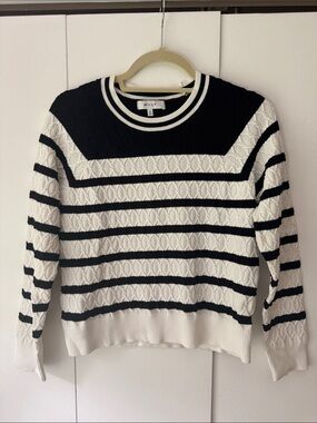 Milly Black and White Striped Cable-Knit Crew Sweater